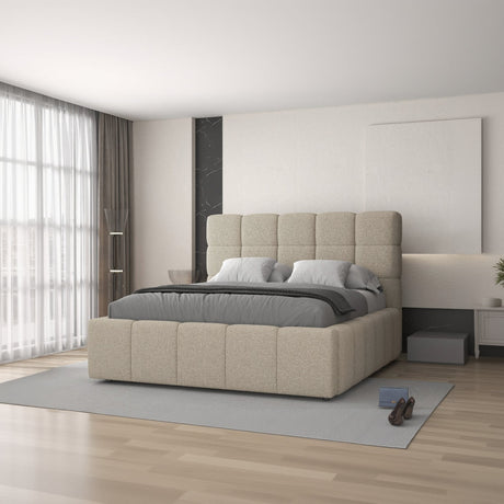 Pat dormitor dumonde, tapitat beige, Armonia 160x200 cm, somiera rabatabila inclusa, spatiu depozitare dumonde