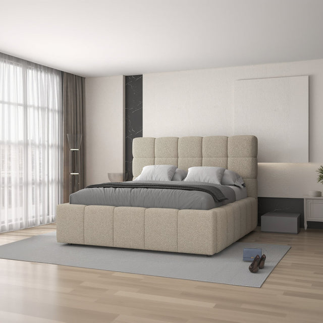 Pat dormitor dumonde, tapitat beige, Armonia 160x200 cm, somiera rabatabila inclusa, spatiu depozitare dumonde