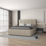 Set Pat dormitor dumonde, tapitat beige, Armonia 160x200 cm, somiera rabatabila inclusa, spatiu depozitare + saltea