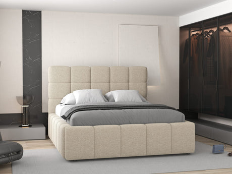 Pat dormitor dumonde, tapitat beige, Armonia 160x200 cm, somiera rabatabila inclusa, spatiu depozitare dumonde