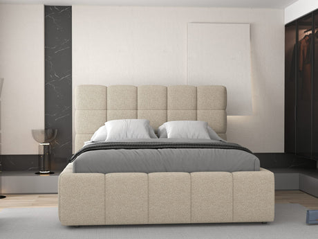 Pat dormitor dumonde, tapitat beige, Armonia 160x200 cm, somiera rabatabila inclusa, spatiu depozitare dumonde