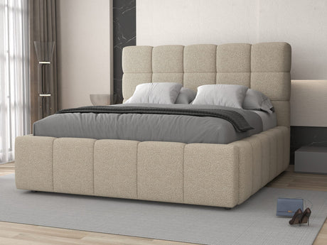 Pat dormitor dumonde, tapitat beige, Armonia 160x200 cm, somiera rabatabila inclusa, spatiu depozitare dumonde