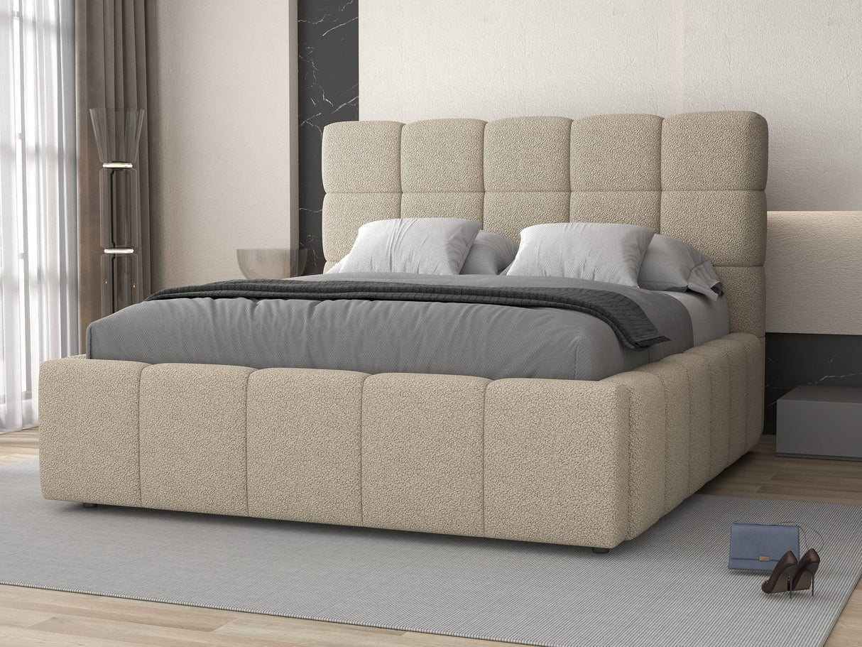 Set Pat dormitor dumonde, tapitat beige, Armonia 160x200 cm, somiera rabatabila inclusa, spatiu depozitare + saltea