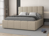 Set Pat dormitor dumonde, tapitat beige, Armonia 160x200 cm, somiera rabatabila inclusa, spatiu depozitare + saltea