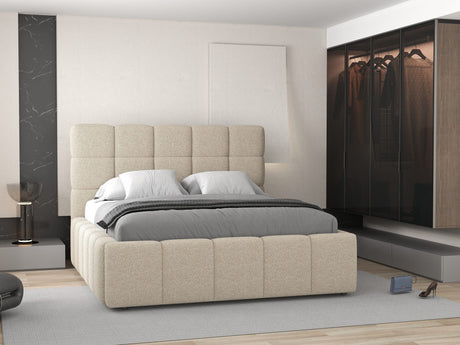 Pat dormitor dumonde, tapitat beige, Armonia 160x200 cm, somiera rabatabila inclusa, spatiu depozitare dumonde