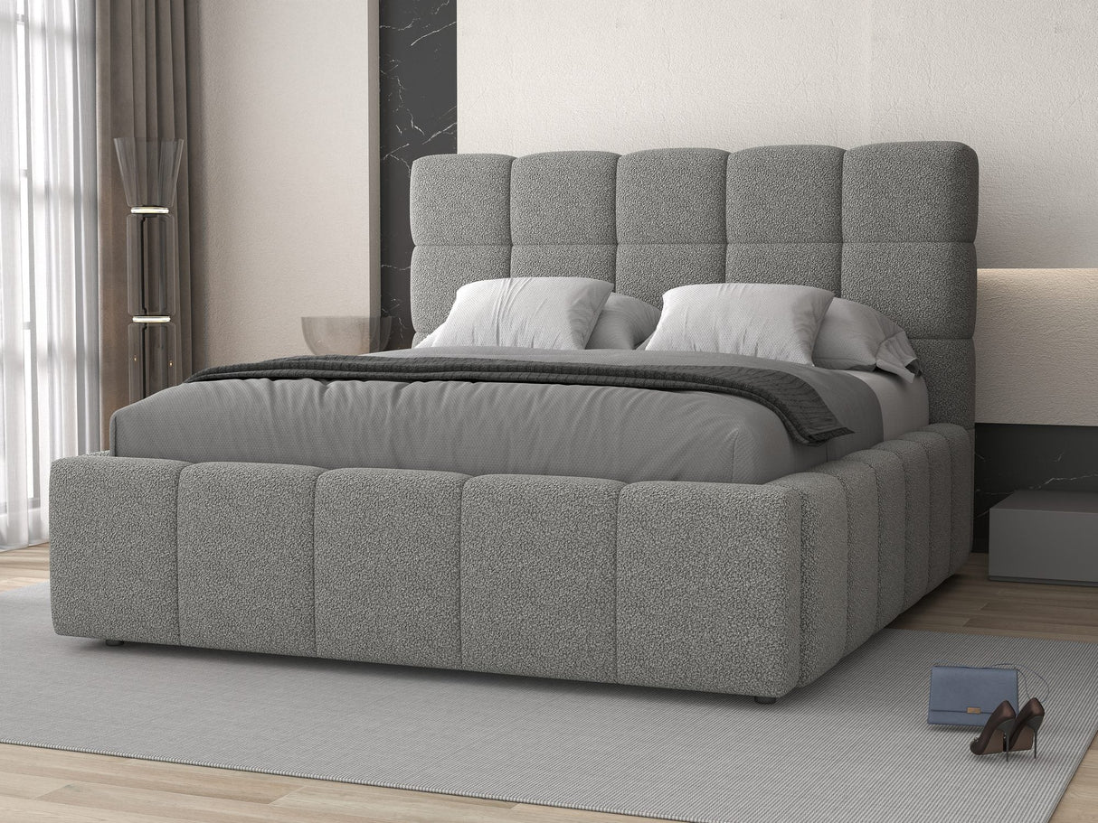 Set Pat dormitor dumonde, tapitat grey, Armonia 180x200 cm, somiera rabatabila inclusa, spatiu depozitare + saltea