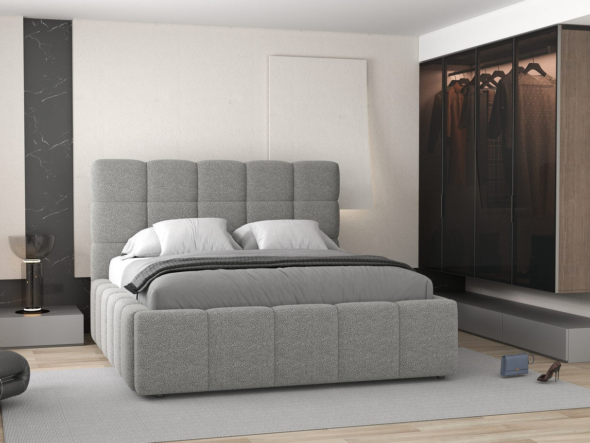 Set Pat dormitor dumonde, tapitat grey, Armonia 180x200 cm, somiera rabatabila inclusa, spatiu depozitare + saltea