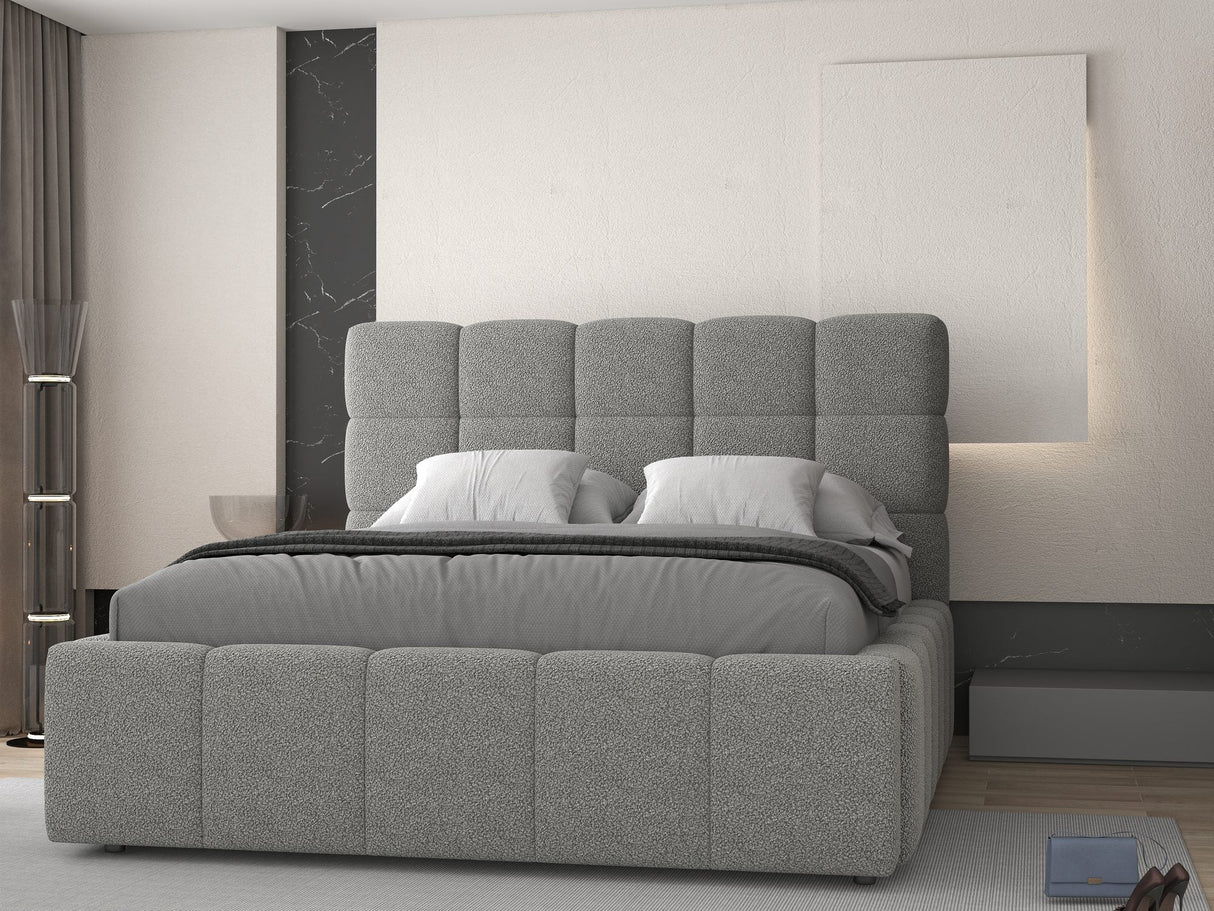 Set Pat dormitor dumonde, tapitat grey, Armonia 180x200 cm, somiera rabatabila inclusa, spatiu depozitare + saltea
