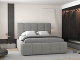 Set Pat dormitor dumonde, tapitat grey, Armonia 180x200 cm, somiera rabatabila inclusa, spatiu depozitare + saltea