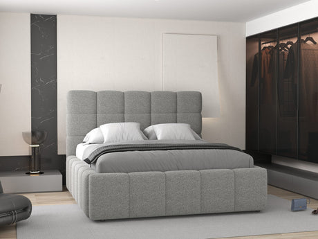 Set Pat dormitor dumonde, tapitat grey, Armonia 180x200 cm, somiera rabatabila inclusa, spatiu depozitare + saltea