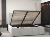 Set Pat dormitor dumonde, tapitat grey, Armonia 180x200 cm, somiera rabatabila inclusa, spatiu depozitare + saltea