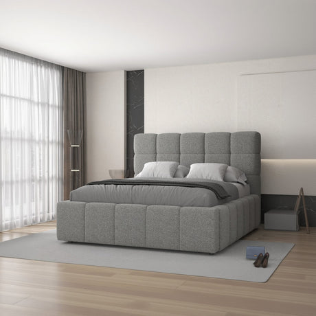 Set Pat dormitor dumonde, tapitat grey, Armonia 180x200 cm, somiera rabatabila inclusa, spatiu depozitare + saltea