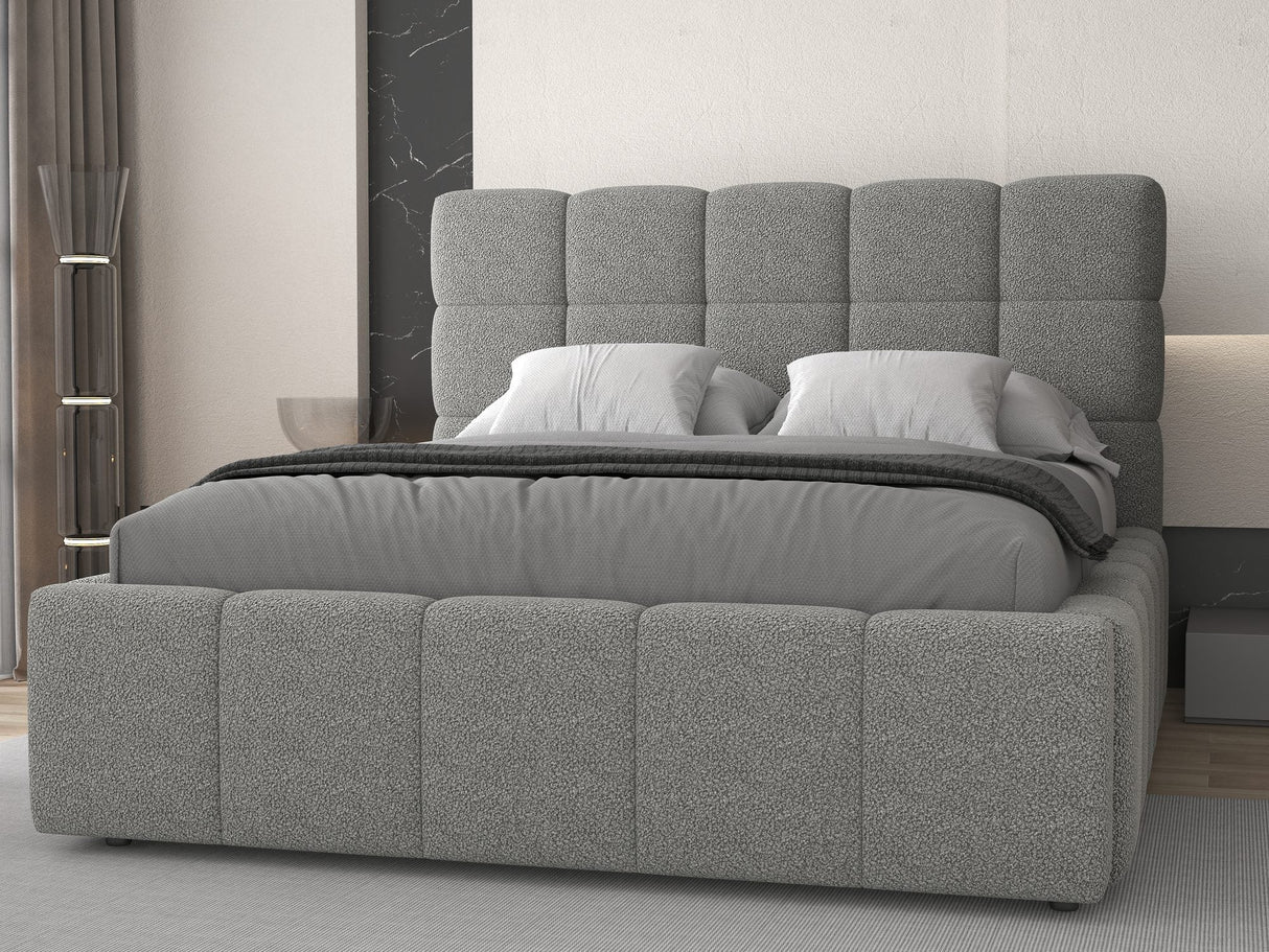 Set Pat dormitor dumonde, tapitat grey, Armonia 180x200 cm, somiera rabatabila inclusa, spatiu depozitare + saltea