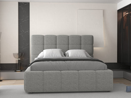 Set Pat dormitor dumonde, tapitat grey, Armonia 180x200 cm, somiera rabatabila inclusa, spatiu depozitare + saltea