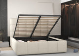 Pat dormitor dumonde, tapitat beige, Armonia 180x200 cm, somiera rabatabila inclusa, spatiu depozitare