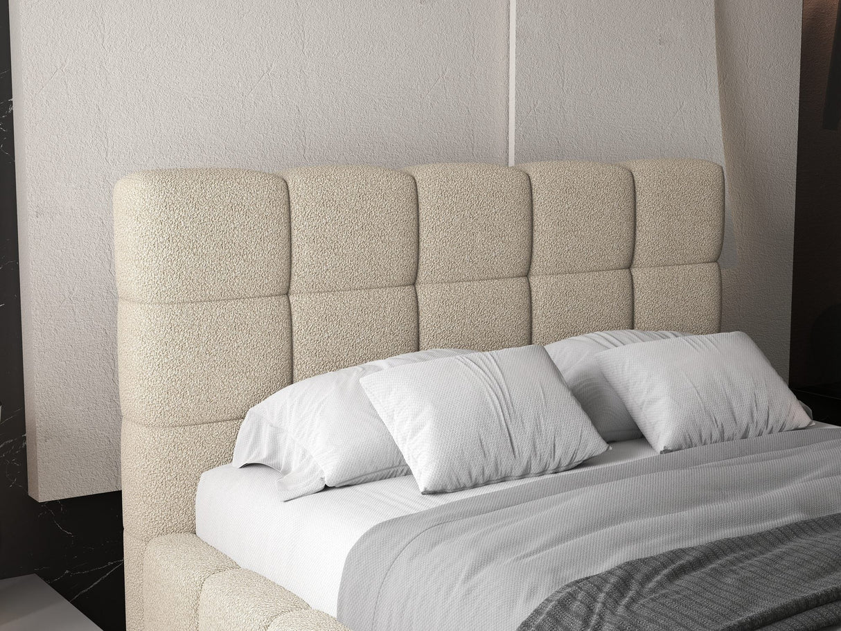 Pat dormitor dumonde, tapitat beige, Armonia 180x200 cm, somiera rabatabila inclusa, spatiu depozitare
