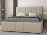 Pat dormitor dumonde, tapitat beige, Armonia 180x200 cm, somiera rabatabila inclusa, spatiu depozitare