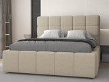 Set Pat dormitor dumonde, tapitat beige, Armonia 180x200 cm, somiera rabatabila inclusa, spatiu depozitare + saltea