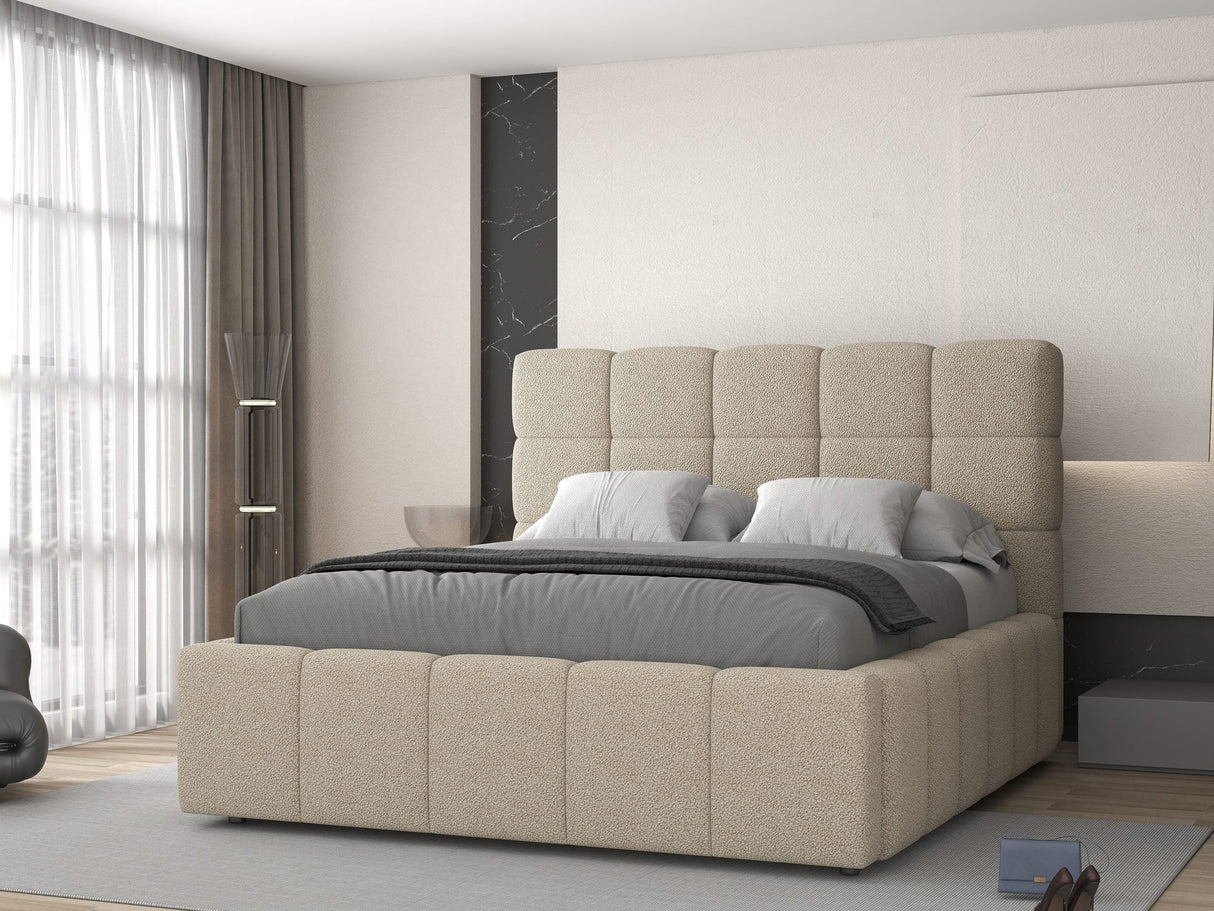 Pat dormitor dumonde, tapitat beige, Armonia 180x200 cm, somiera rabatabila inclusa, spatiu depozitare