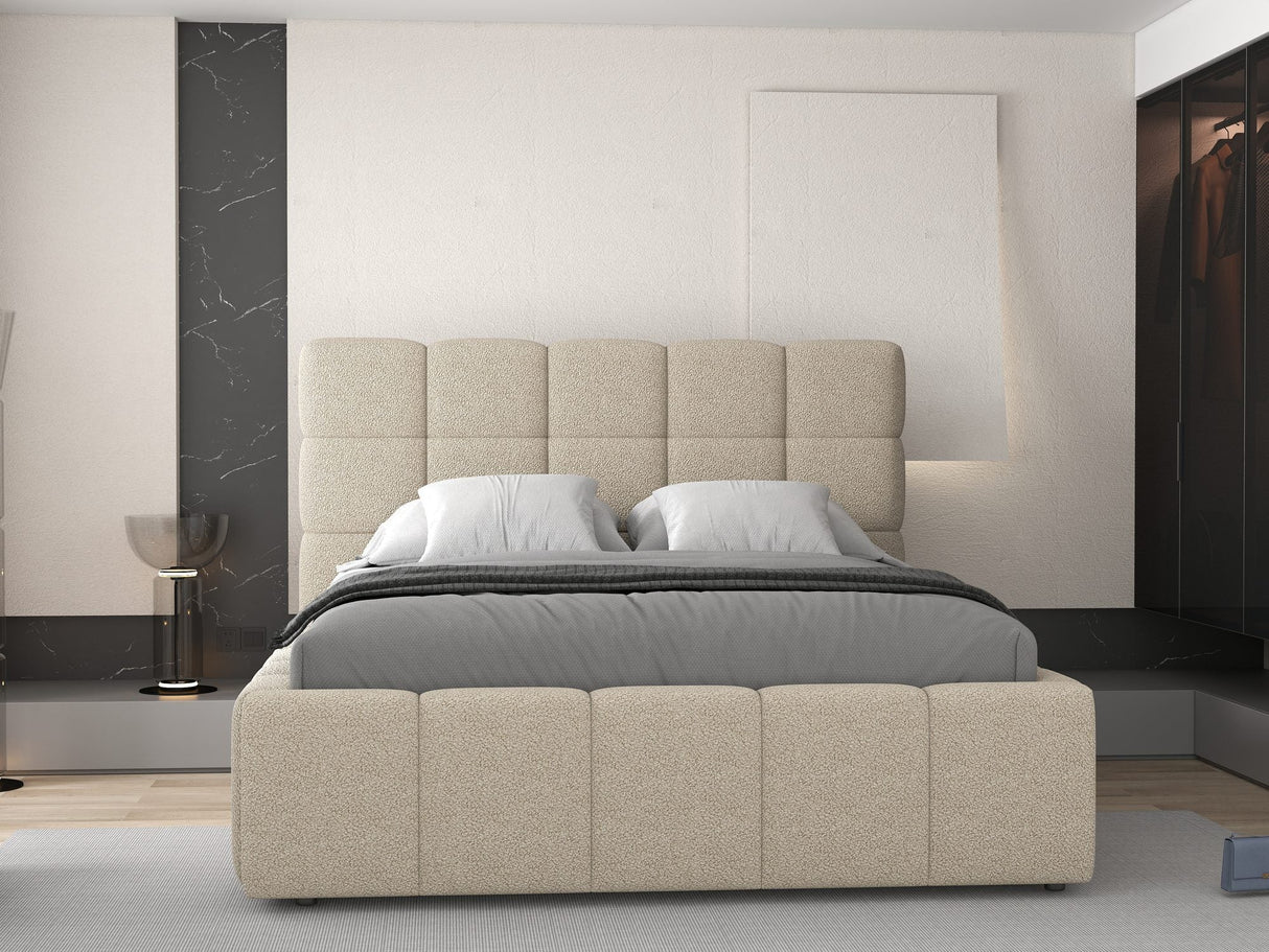 Pat dormitor dumonde, tapitat beige, Armonia 180x200 cm, somiera rabatabila inclusa, spatiu depozitare