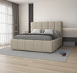 Pat dormitor dumonde, tapitat beige, Armonia 180x200 cm, somiera rabatabila inclusa, spatiu depozitare
