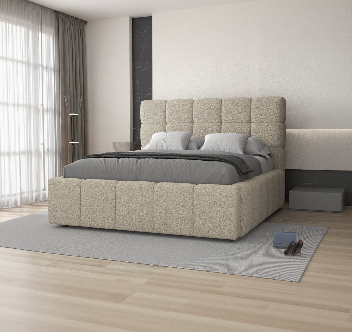 Pat dormitor dumonde, tapitat beige, Armonia 180x200 cm, somiera rabatabila inclusa, spatiu depozitare