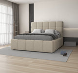 Pat dormitor dumonde, tapitat beige, Armonia 180x200 cm, somiera rabatabila inclusa, spatiu depozitare