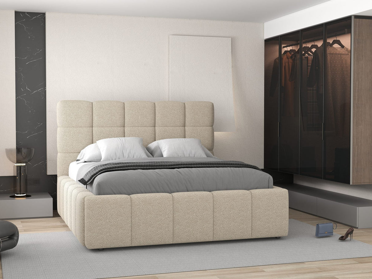Pat dormitor dumonde, tapitat beige, Armonia 180x200 cm, somiera rabatabila inclusa, spatiu depozitare