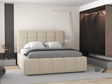 Set Pat dormitor dumonde, tapitat beige, Armonia 180x200 cm, somiera rabatabila inclusa, spatiu depozitare + saltea