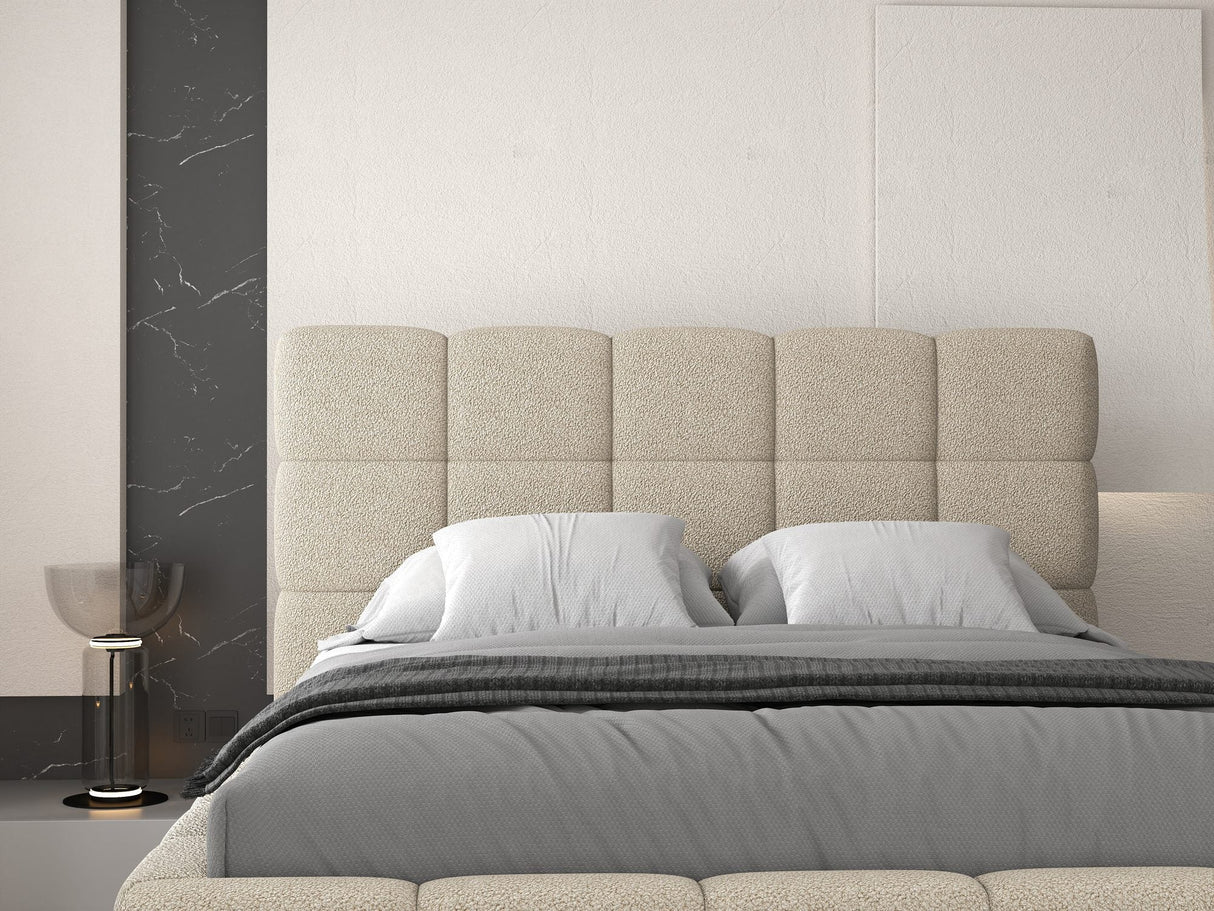 Pat dormitor dumonde, tapitat beige, Armonia 180x200 cm, somiera rabatabila inclusa, spatiu depozitare