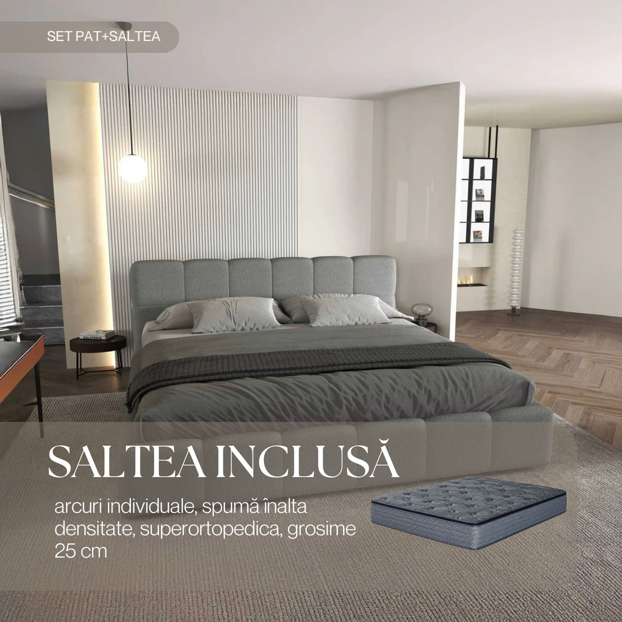 Set Pat dormitor dumonde, tapitat gri, Barcelona 180X200 cm, somiera rabatabila inclusa, spatiu depozitare + saltea Paturidumonde.ro