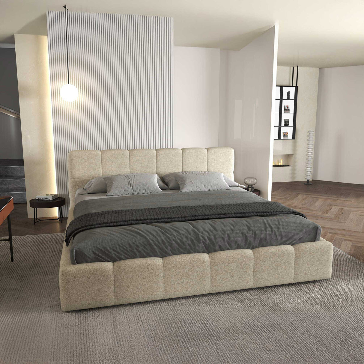 Set Pat dormitor dumonde, tapitat bej, Barcelona 140X200 cm, somiera rabatabila inclusa, spatiu depozitare + saltea