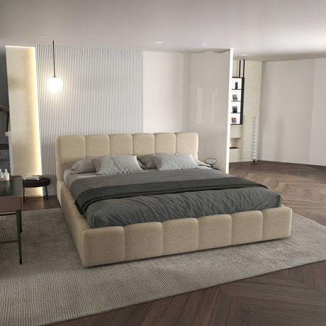 Set Pat dormitor dumonde, tapitat bej, Barcelona 140X200 cm, somiera rabatabila inclusa, spatiu depozitare + saltea