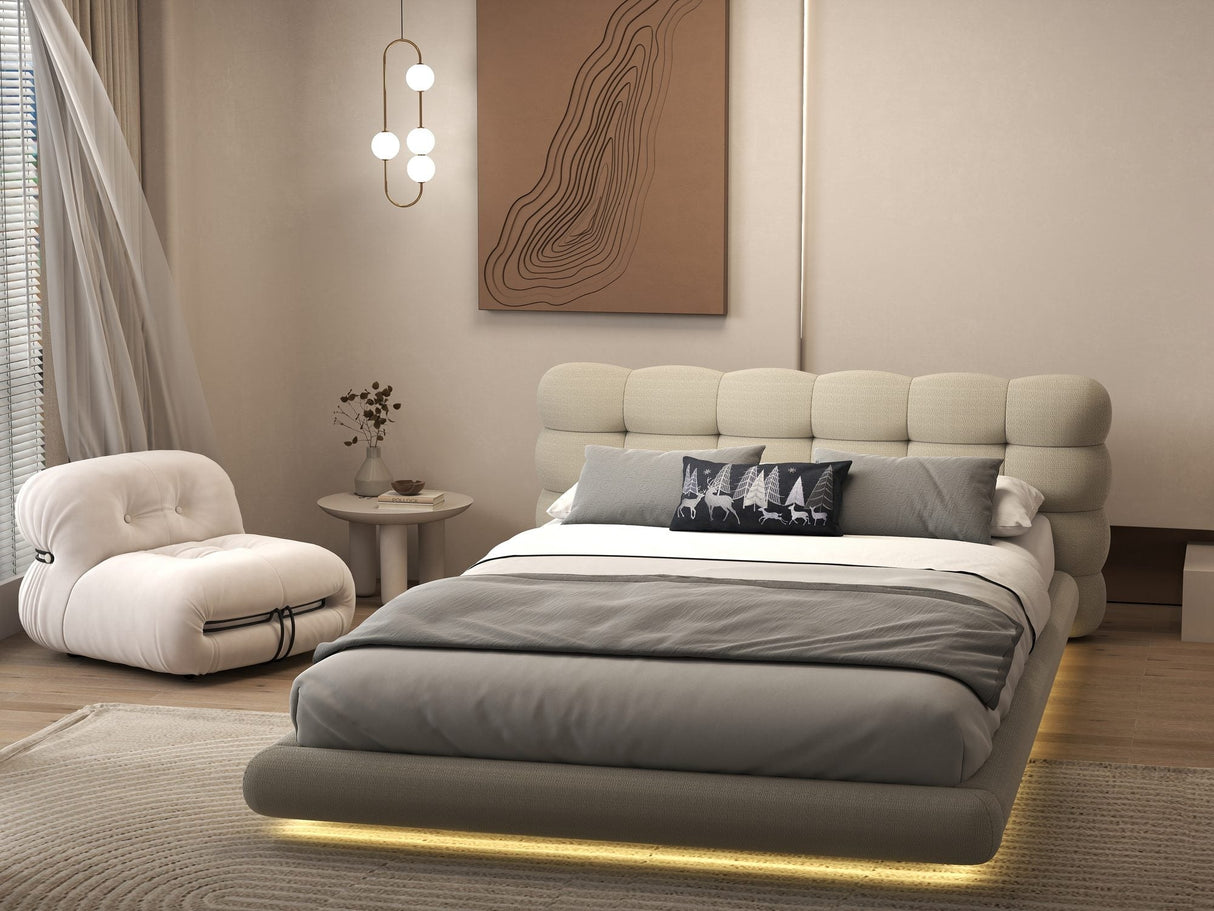 Pat dormitor dumonde, tapitat bej cu LED "floating bed" Cloud 160x200 cm, somiera inclusa