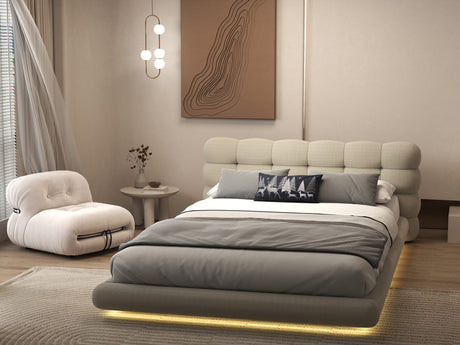 Pat dormitor dumonde, tapitat bej cu LED "floating bed" Cloud 160x200 cm, somiera inclusa