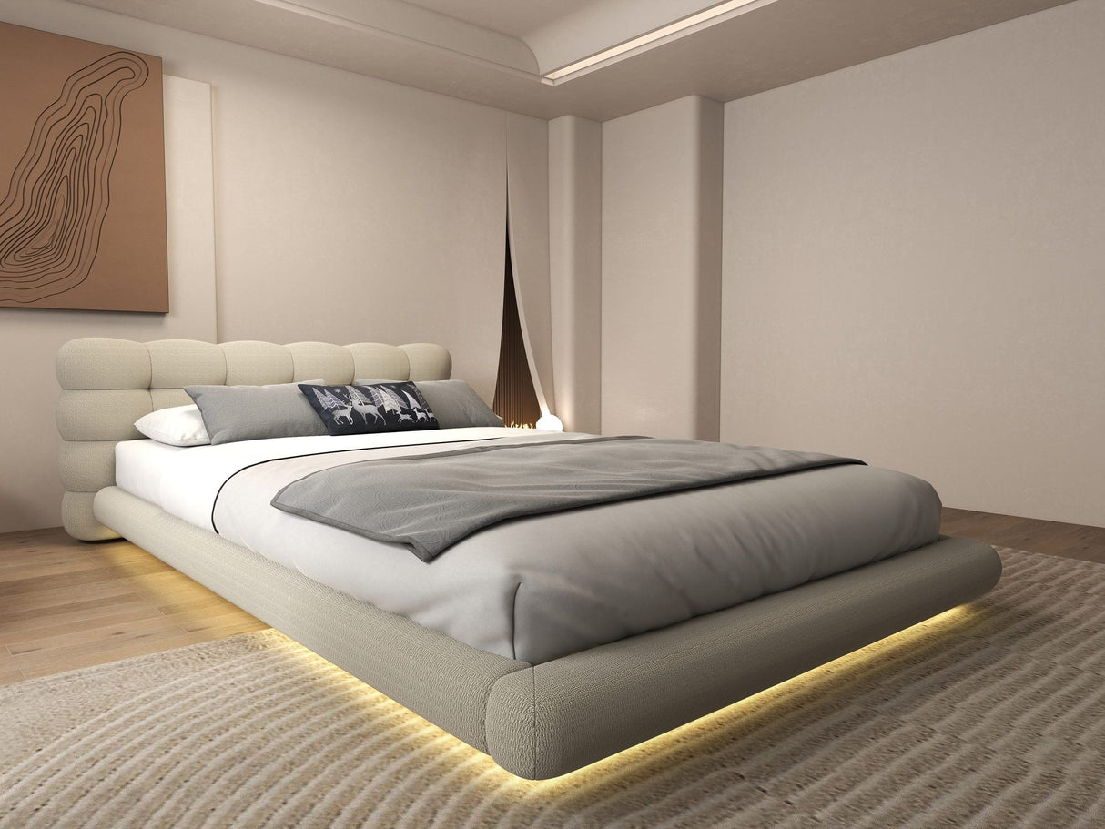 Pat dormitor dumonde, tapitat bej cu LED "floating bed" Cloud 160x200 cm, somiera inclusa