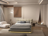Pat dormitor dumonde, tapitat bej cu LED "floating bed" Cloud 160x200 cm, somiera inclusa