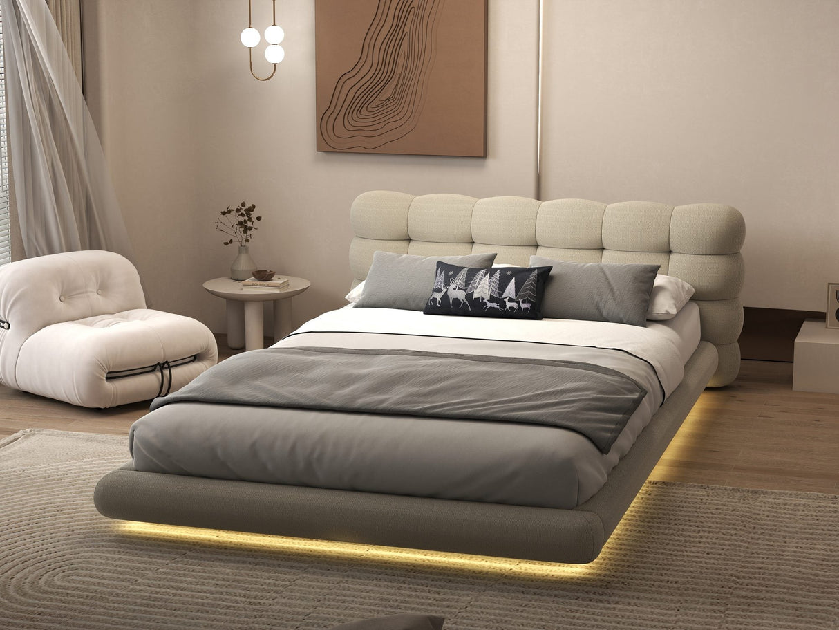 Set Pat dormitor dumonde, tapitat bej cu LED "floating bed" Cloud 160x200 cm, somiera inclusa + saltea