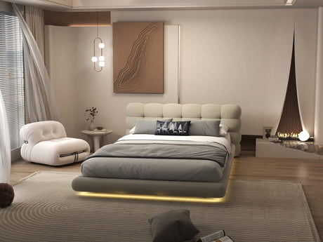 Pat dormitor dumonde, tapitat bej cu LED "floating bed" Cloud 160x200 cm, somiera inclusa