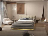 Pat dormitor dumonde, tapitat bej cu LED "floating bed" Cloud 160x200 cm, somiera inclusa