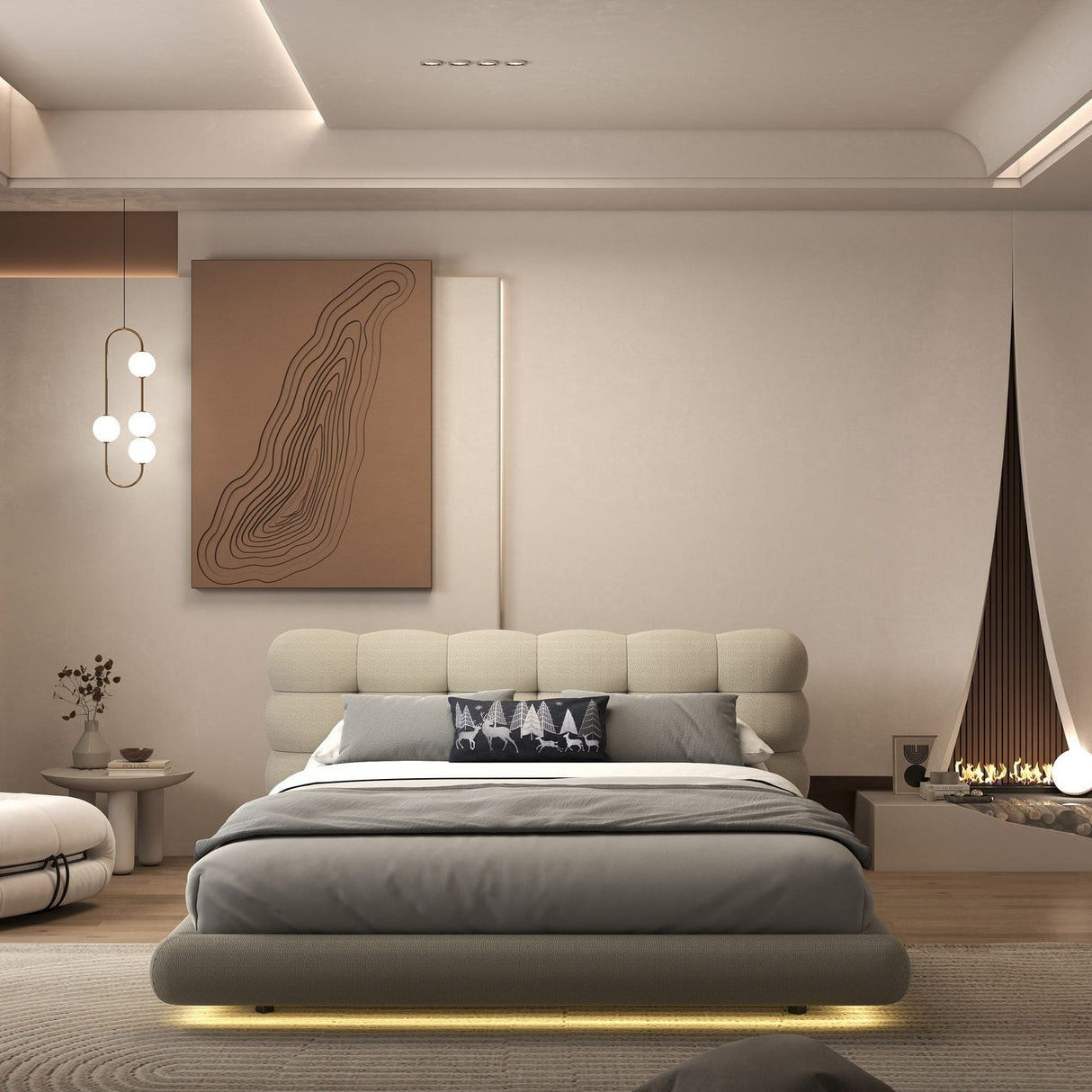 Set Pat dormitor dumonde, tapitat bej cu LED "floating bed" Cloud 160x200 cm, somiera inclusa + saltea