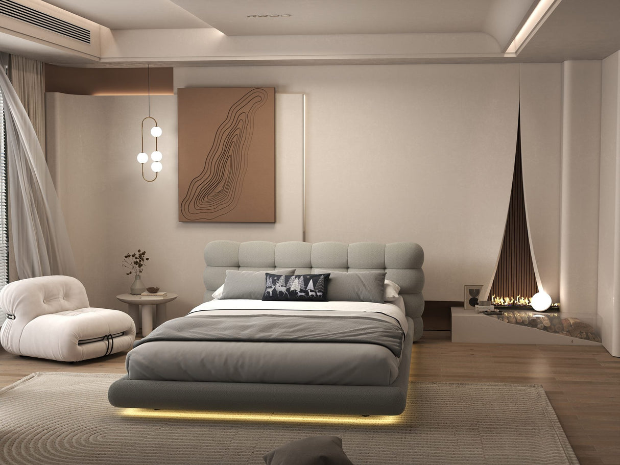 Pat dormitor dumonde, tapitat gri cu LED "floating bed" Cloud 160x200 cm, somiera inclusa