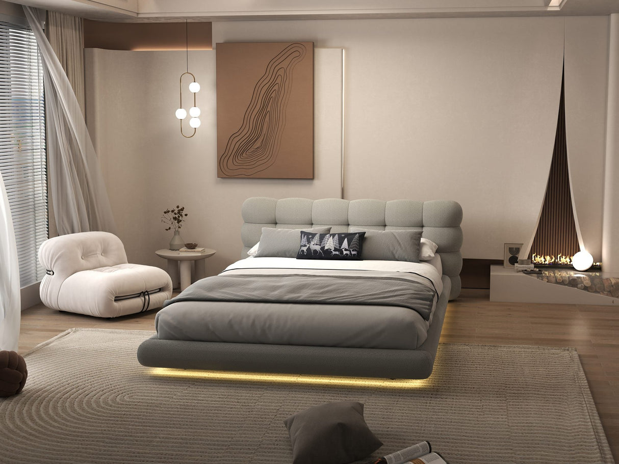 Pat dormitor dumonde, tapitat gri cu LED "floating bed" Cloud 160x200 cm, somiera inclusa