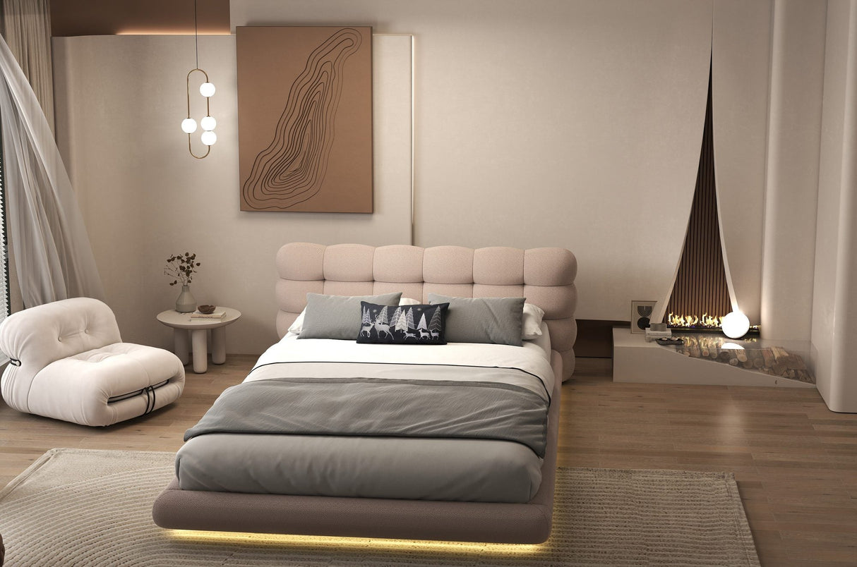 Pat dormitor dumonde, tapitat roz cu LED "floating bed" Cloud 180x200 cm, somiera inclusa