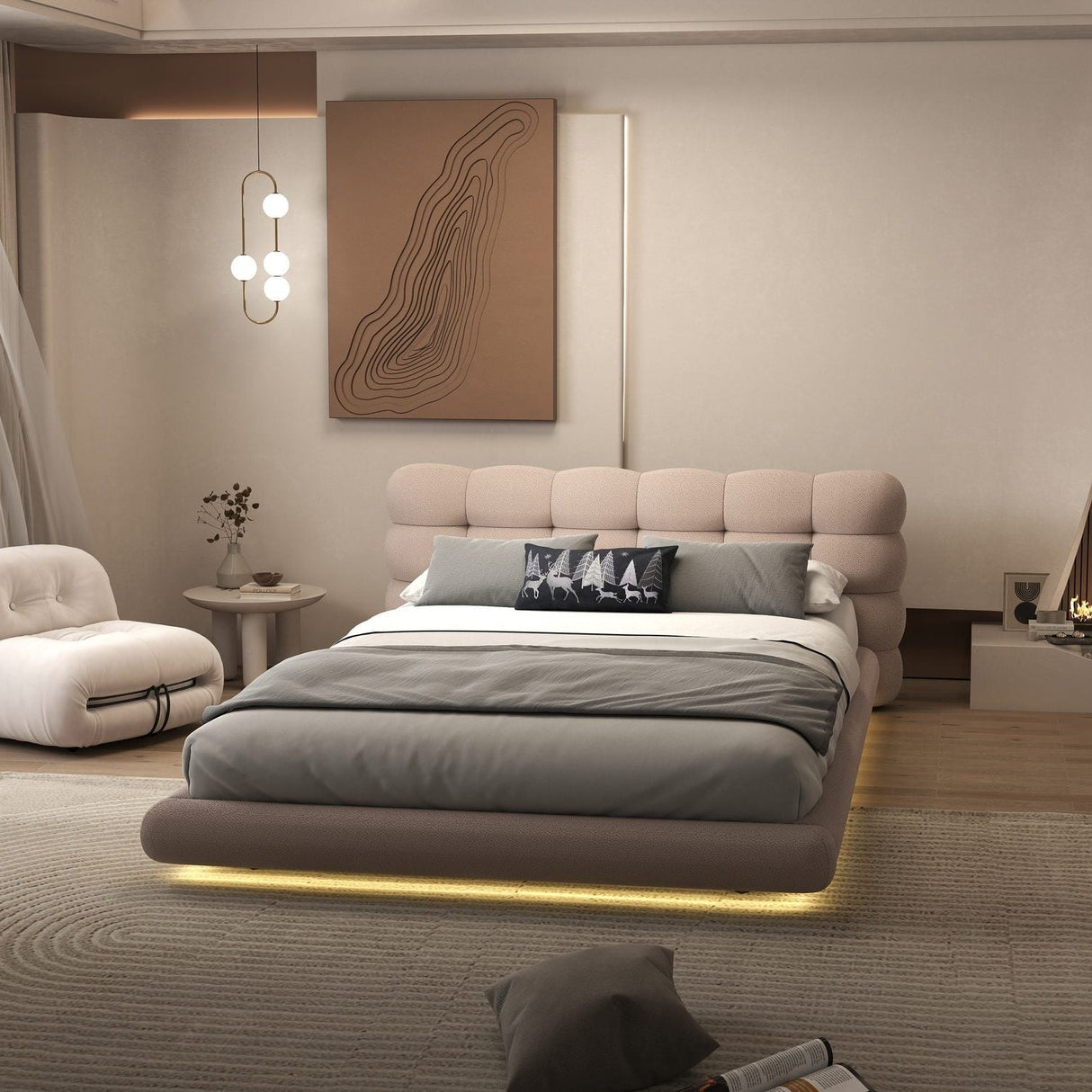 Set Pat dormitor dumonde, tapitat roz cu LED "floating bed" Cloud 180x200 cm, somiera inclusa + saltea