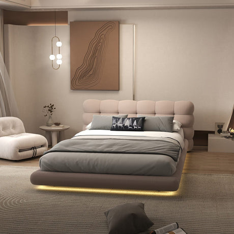 Set Pat dormitor dumonde, tapitat roz cu LED "floating bed" Cloud 180x200 cm, somiera inclusa + saltea