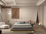 Pat dormitor dumonde, tapitat roz cu LED "floating bed" Cloud 180x200 cm, somiera inclusa
