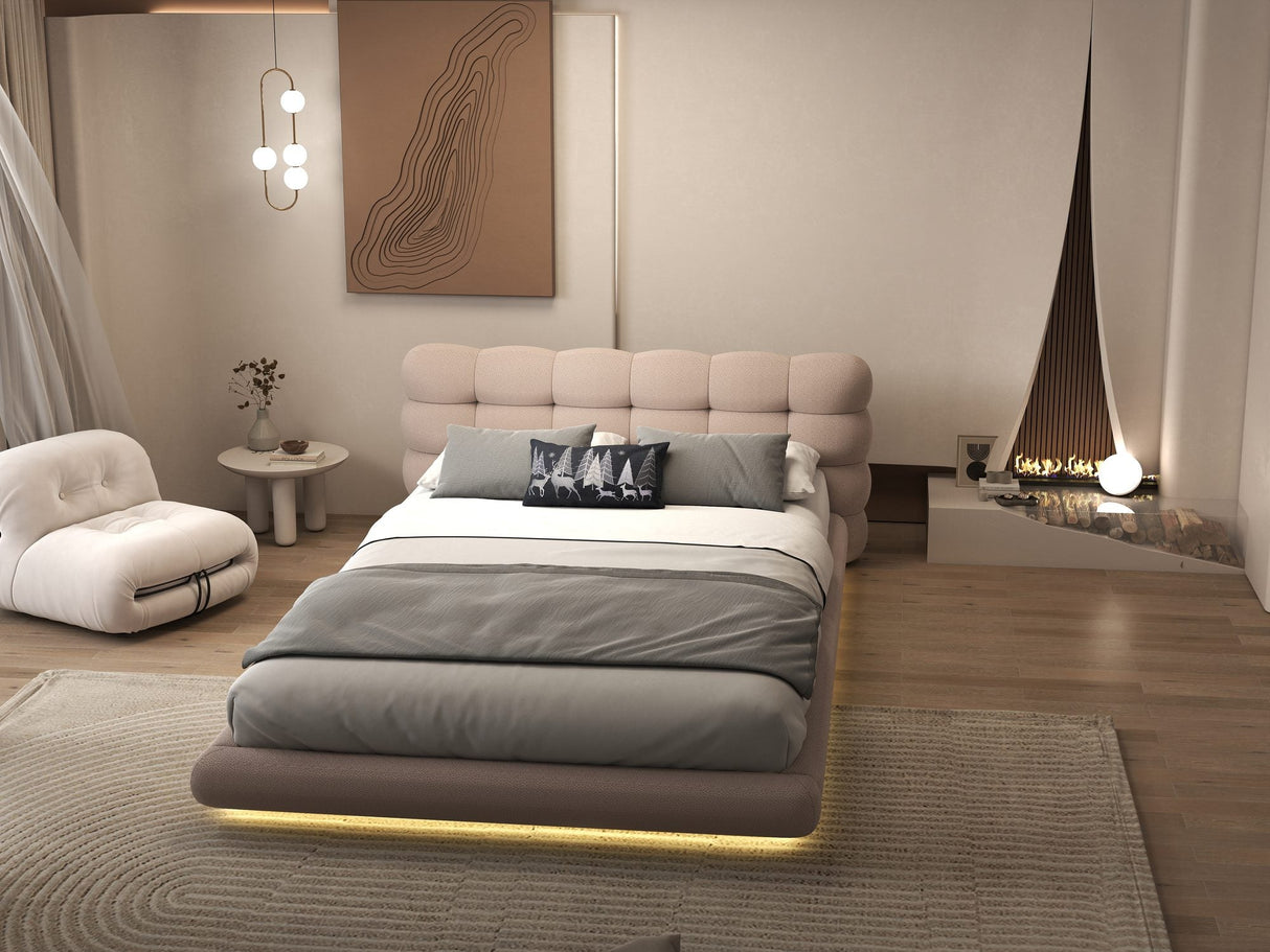 Pat dormitor dumonde, tapitat roz cu LED "floating bed" Cloud 180x200 cm, somiera inclusa