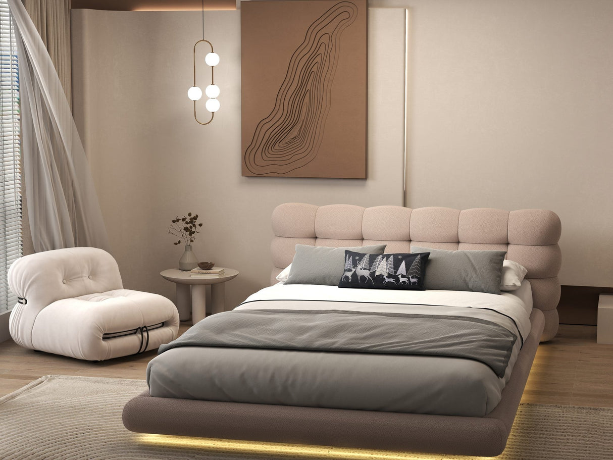 Set Pat dormitor dumonde, tapitat roz cu LED "floating bed" Cloud 180x200 cm, somiera inclusa + saltea