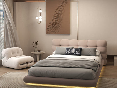 Set Pat dormitor dumonde, tapitat roz cu LED "floating bed" Cloud 180x200 cm, somiera inclusa + saltea